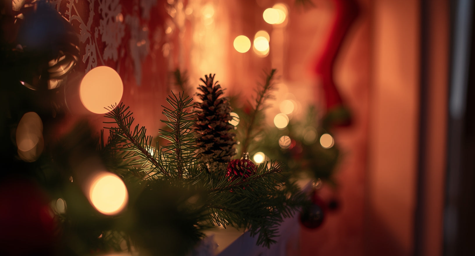 Decorative Christmas arrangement with pine cones and lights against a blurred background